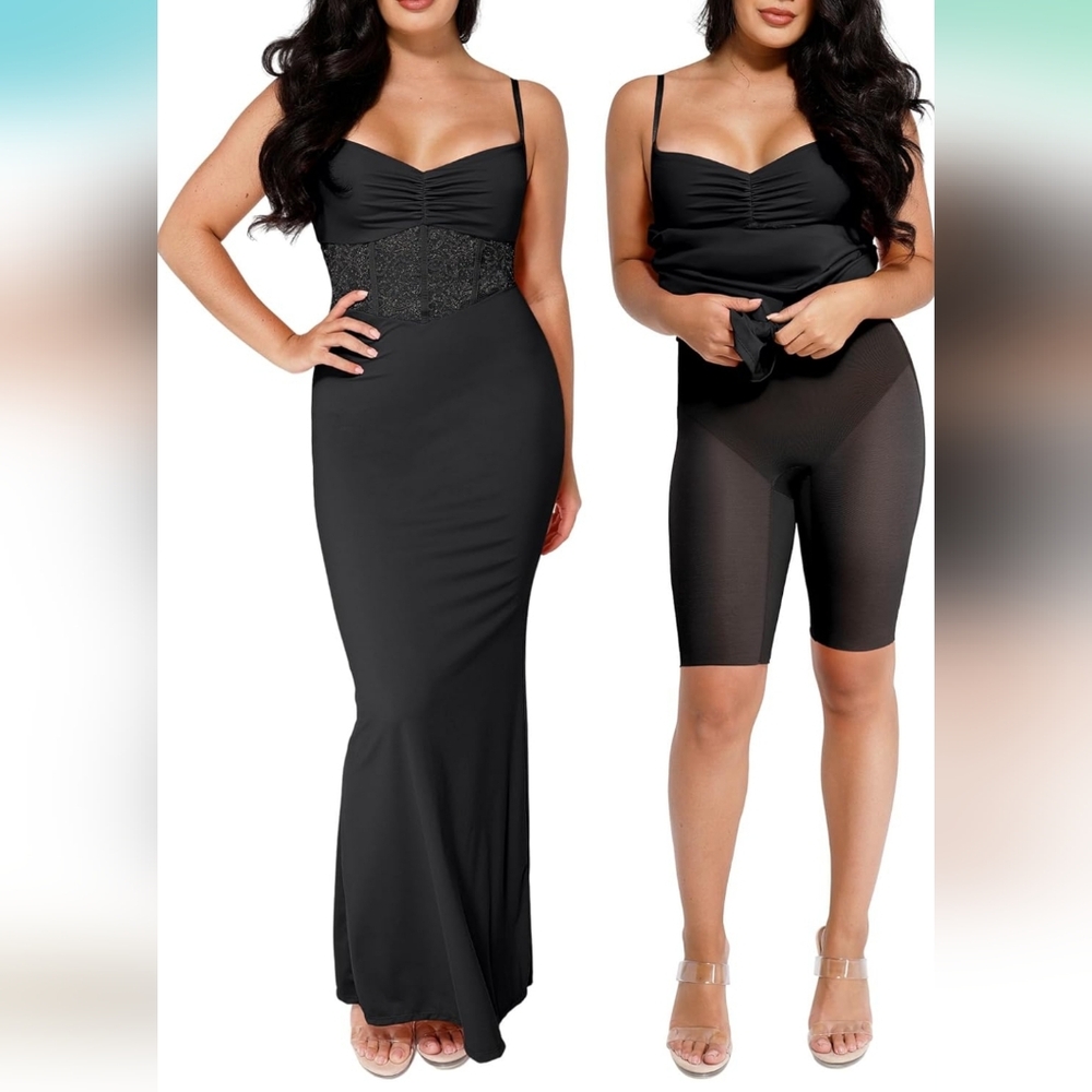 Popilush Shaper Dress Lace Formal Maxi Dress Evenings Gown Built in Shapewear M